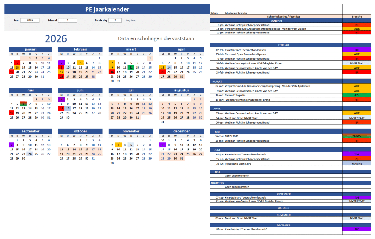 PE jaarkalender